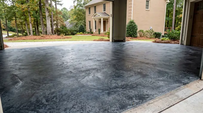 Acid-stained concrete floor in charcoal and blue-grey marbled tones at a tan-brick colonial in Alpharetta, GA, under an overcast sky.