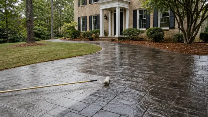 A roller applies sealer to a stamped patio surface. at a tan-brick colonial in Alpharetta, GA, after a rain shower.