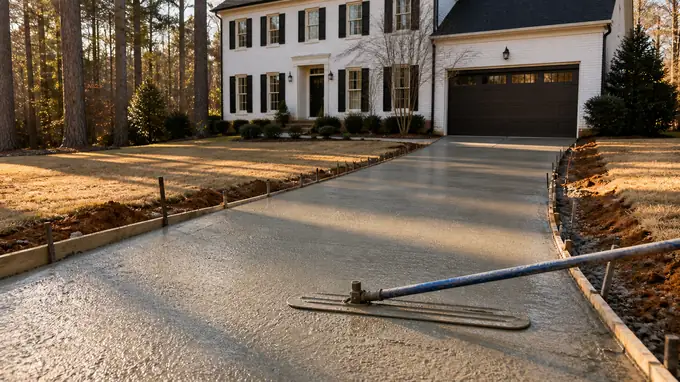 A bull float smooths a residential walkway surface after screeding. at a painted-white-brick two-story home in Alpharetta, GA, in late afternoon light.