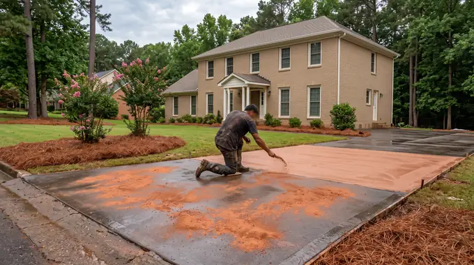 Dry-shake colour hardener being broadcast onto fresh concrete at a tan-brick colonial in Alpharetta, GA, after a rain shower.