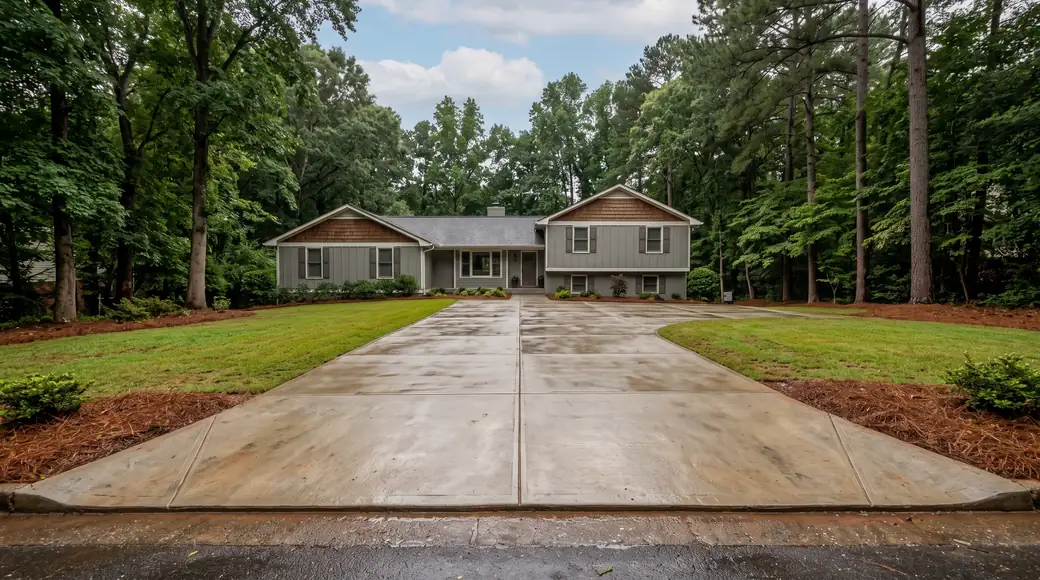 Wide view of finished concrete flatwork across the front of a home at a grey split-level home in Alpharetta, GA, after a rain shower.