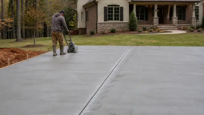 Control joints cut into a new slab the day after the pour at a brick-and-siding two-story home in Alpharetta, GA, under bright midday cloud.