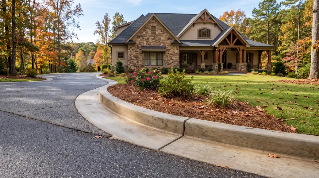 Poured concrete curbing with a rolled profile along a driveway edge at a stacked-stone and stucco home in Alpharetta, GA, in clear late-morning sun.