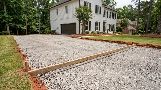 Broken-out concrete removed and the base rebuilt before a new pour at a painted-white-brick two-story home in Alpharetta, GA, under bright midday cloud.
