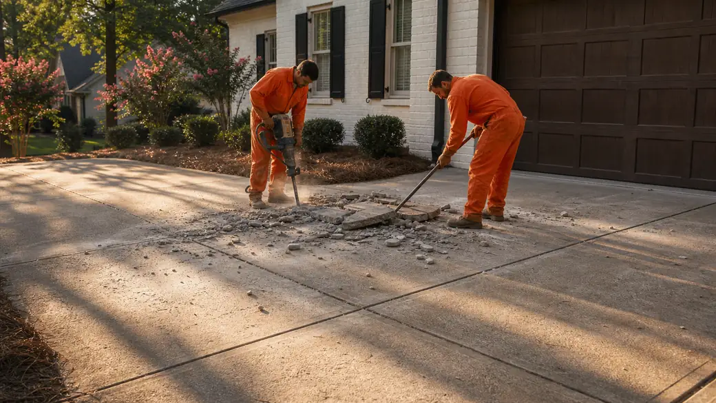 concrete demolition and removal completed by a local contractor at a painted-white-brick two-story home in Alpharetta, GA, in late afternoon light.