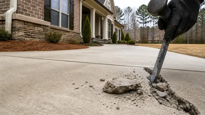 concrete driveway crack repair completed by a local contractor at a brick-and-siding two-story home in Alpharetta, GA, under an overcast sky.