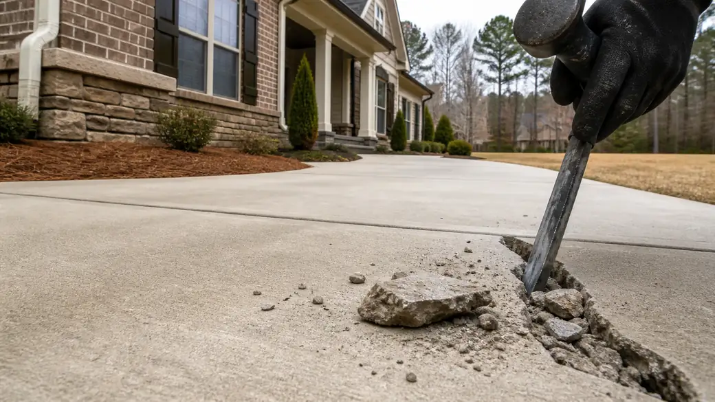 concrete driveway crack repair completed by a local contractor at a brick-and-siding two-story home in Alpharetta, GA, under an overcast sky.