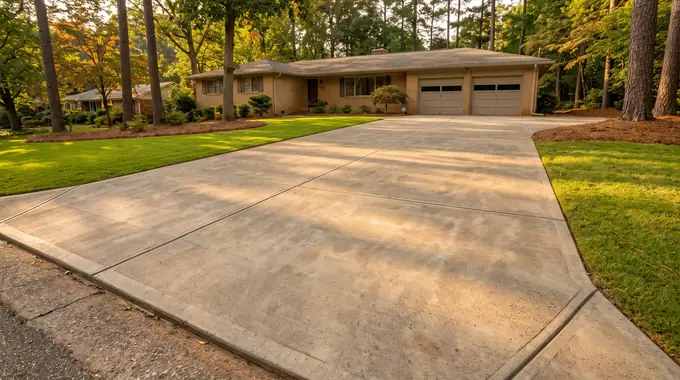 concrete driveway installation completed by a local contractor at a charcoal farmhouse-modern home in Alpharetta, GA, in late afternoon light.
