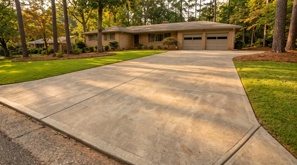 concrete driveway installation completed by a local contractor at a charcoal farmhouse-modern home in Alpharetta, GA, in late afternoon light.