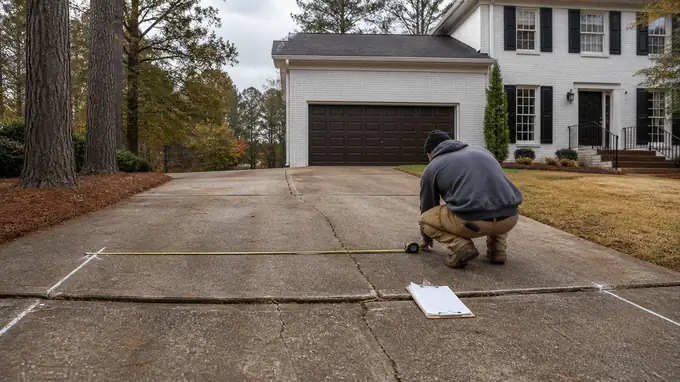 Existing driveway measured and marked before it is replaced at a painted-white-brick two-story home in Alpharetta, GA, after a rain shower.
