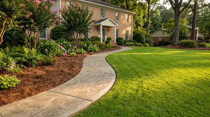 Low concrete edging strip along a mulched garden bed at a tan-brick colonial in Alpharetta, GA, in late afternoon light.