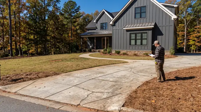 Concrete driveway and walk at a home, the kind of job an estimate covers at a charcoal farmhouse-modern home in Alpharetta, GA, in clear late-morning sun.