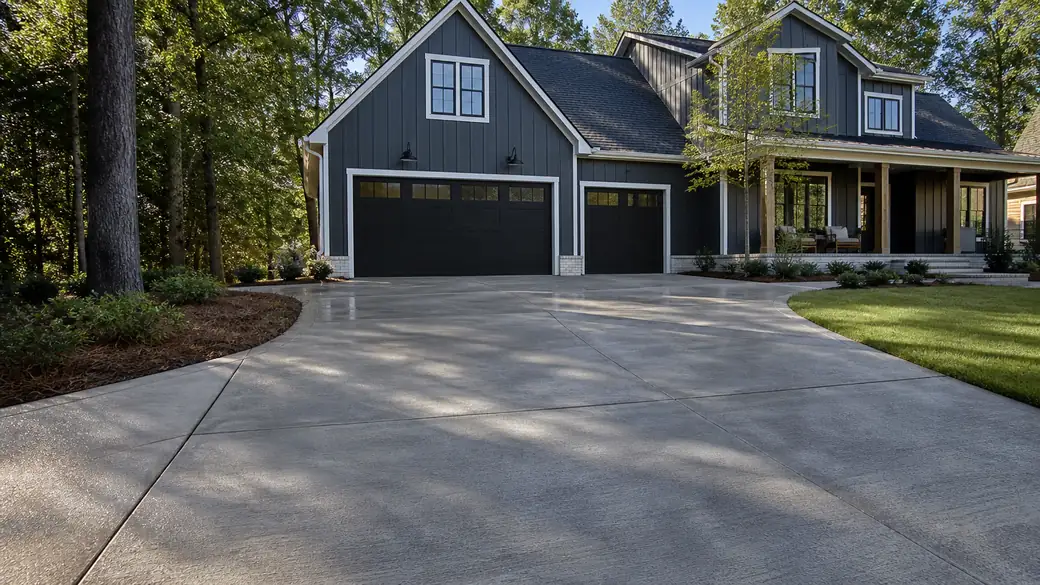 concrete expansion joint installation completed by a local contractor at a charcoal farmhouse-modern home in Alpharetta, GA, under low winter sun.