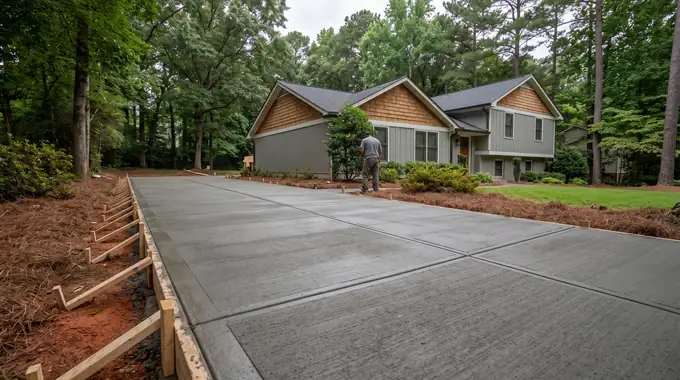 Freshly finished concrete slab curing under a clean broom texture at a grey split-level home in Alpharetta, GA, under an overcast sky.