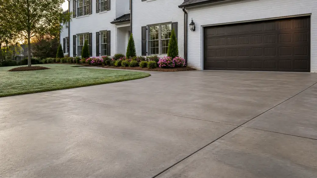 concrete flooring installation completed by a local contractor at a painted-white-brick two-story home in Alpharetta, GA, in early morning light.