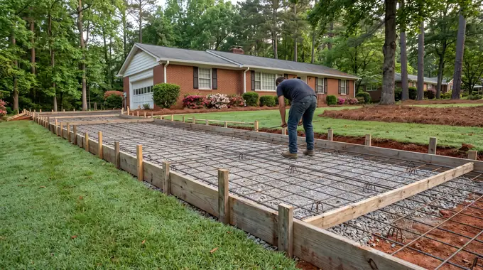 Wooden forms and rebar grid set and tied, ready for concrete at a red-brick ranch home in Alpharetta, GA, in early morning light.