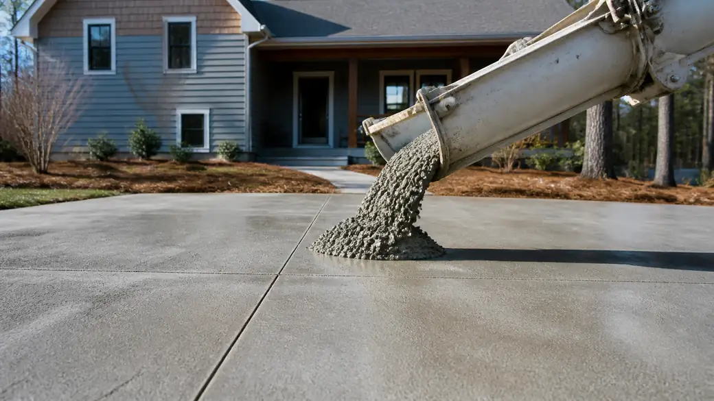 concrete foundation pouring completed by a local contractor at a grey split-level home in Alpharetta, GA, under low winter sun.