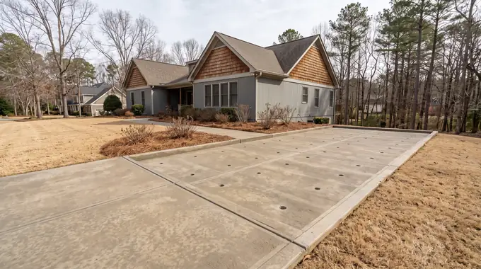 Sunken concrete slab with small drill holes for leveling at a grey split-level home in Alpharetta, GA, under bright midday cloud.