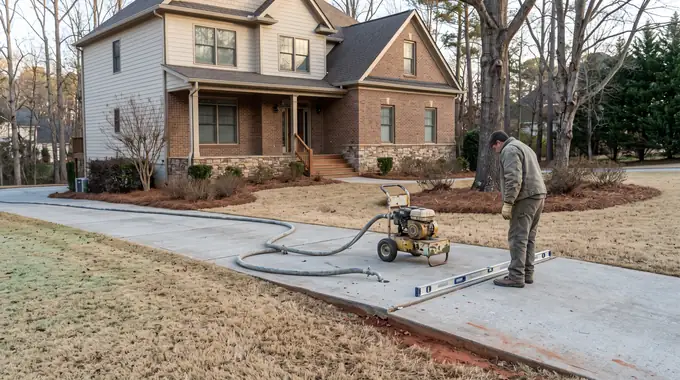 Slab-jacking pump lifting a sunken concrete slab back level at a brick-and-siding two-story home in Alpharetta, GA, in early morning light.