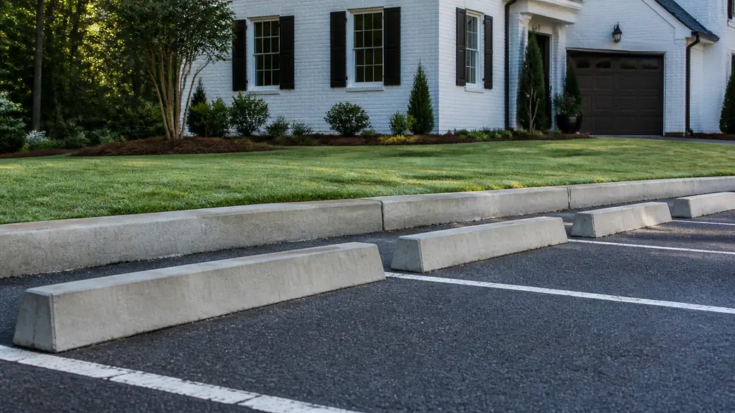 concrete parking lot construction completed by a local contractor at a painted-white-brick two-story home in Alpharetta, GA, in early morning light.