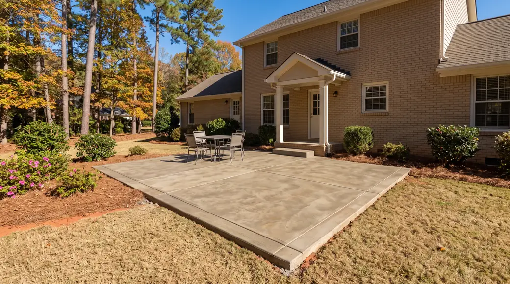 concrete patio construction completed by a local contractor at a stacked-stone and stucco home in Alpharetta, GA, in clear late-morning sun.
