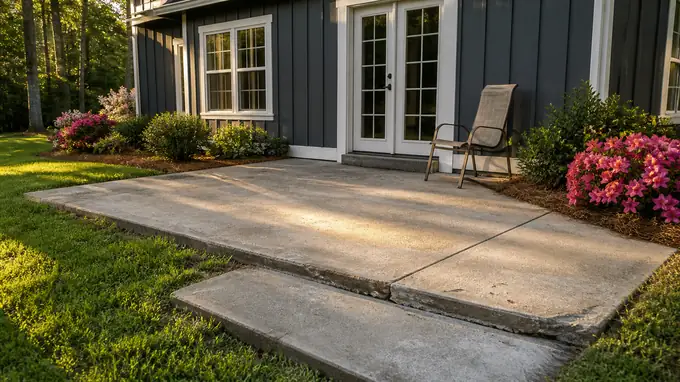 Worn back patio and steps of the kind a written estimate prices at a charcoal farmhouse-modern home in Alpharetta, GA, in late afternoon light.