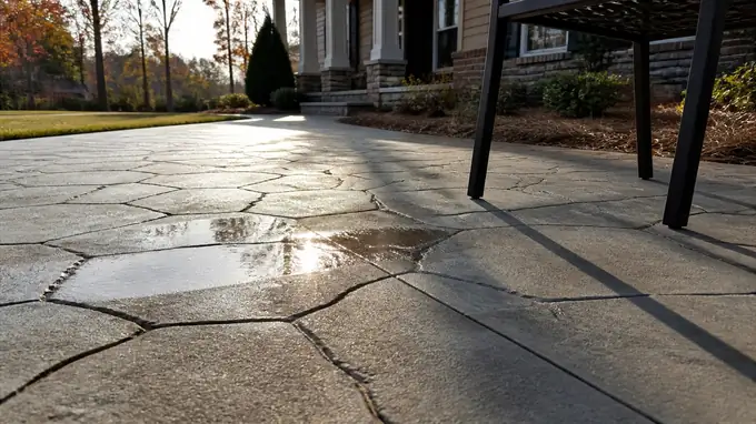 concrete patio repair completed by a local contractor at a brick-and-siding two-story home in Alpharetta, GA, under low winter sun.