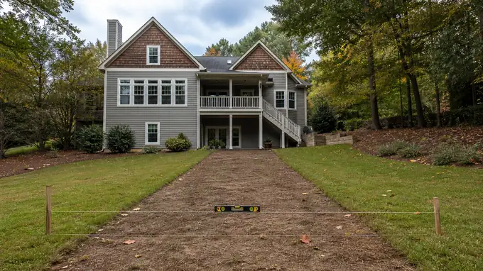 Backyard grade checked with a level and string before a patio pour at a grey split-level home in Alpharetta, GA, after a rain shower.