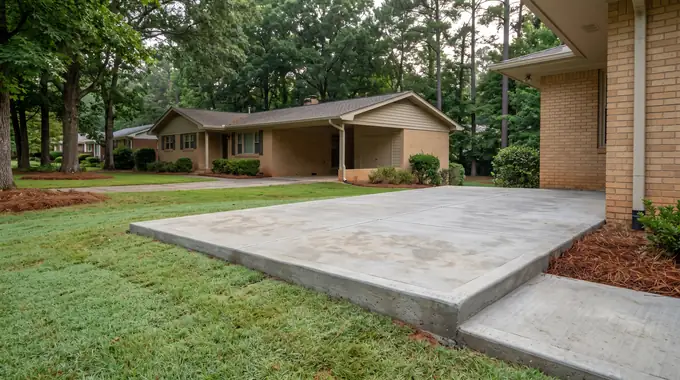 Small concrete front porch slab with a tooled edge at a buff-brick ranch home in Alpharetta, GA, in early morning light.