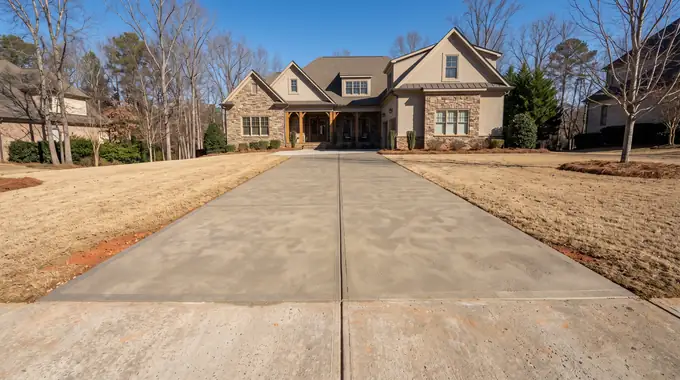 Replaced concrete driveway panel with clean saw-cut edges at a stacked-stone and stucco home in Alpharetta, GA, in clear late-morning sun.