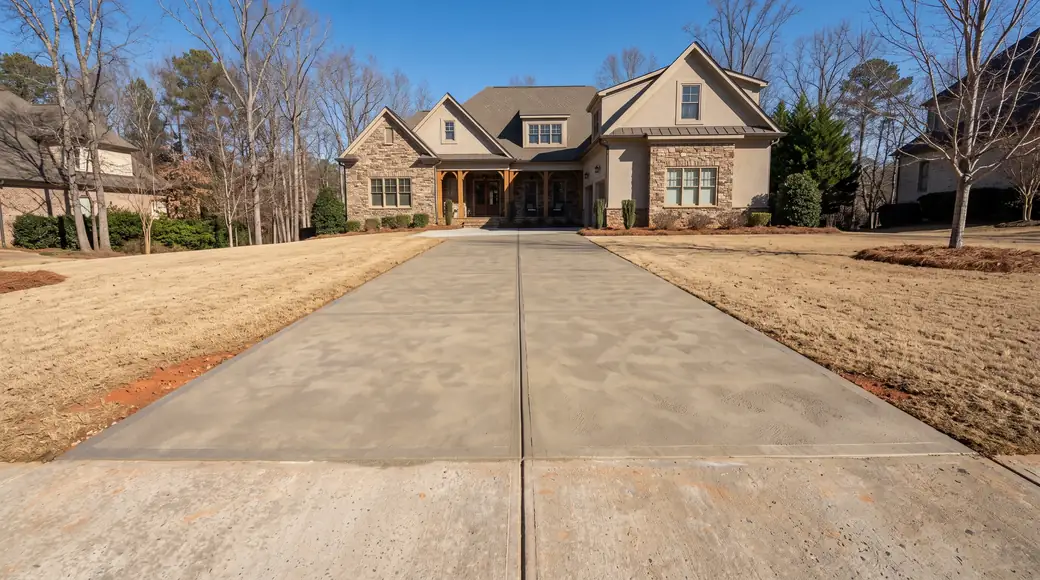 Replaced concrete driveway panel with clean saw-cut edges at a stacked-stone and stucco home in Alpharetta, GA, in clear late-morning sun.