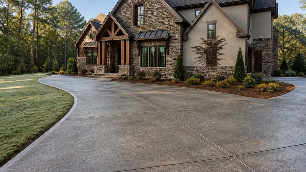 concrete repair and resurfacing completed by a local contractor at a stacked-stone and stucco home in Alpharetta, GA, in early morning light.