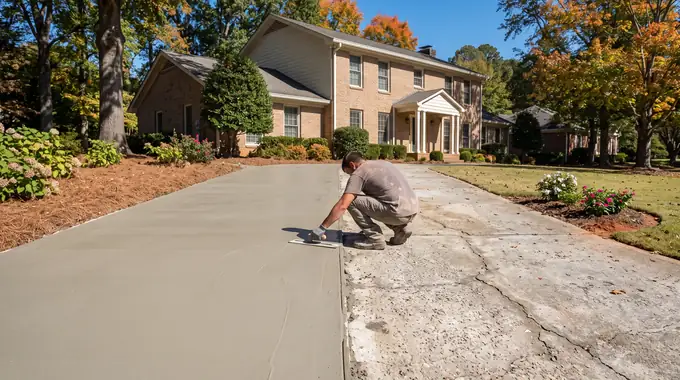 Thin concrete overlay being troweled onto an old worn slab at a tan-brick colonial in Alpharetta, GA, in clear late-morning sun.