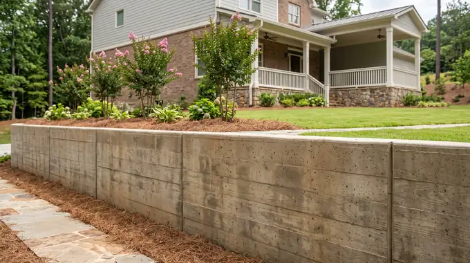 Board-formed concrete retaining wall holding a raised lawn at a brick-and-siding two-story home in Alpharetta, GA, under bright midday cloud.