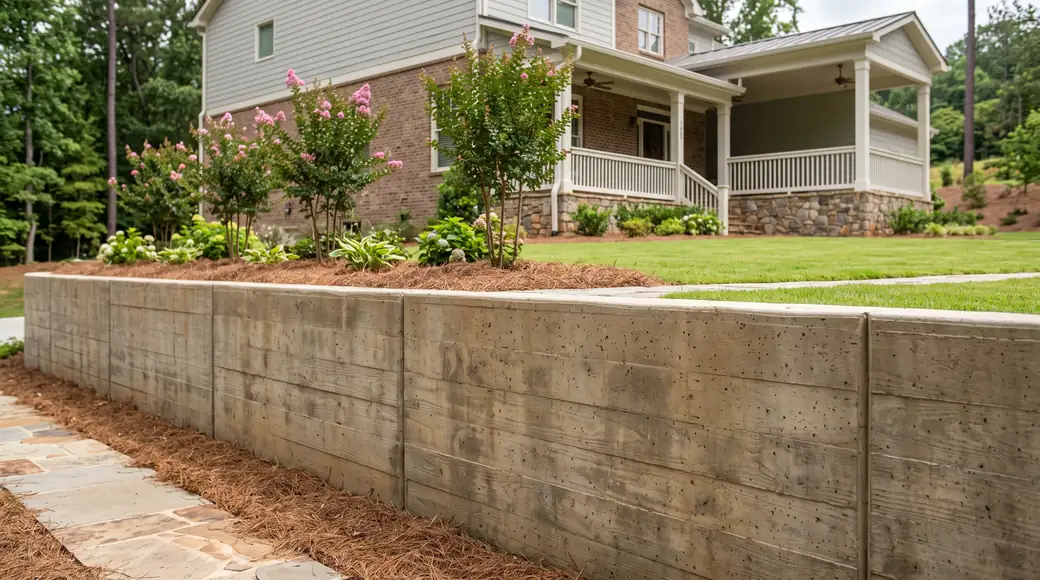 Board-formed concrete retaining wall holding a raised lawn at a brick-and-siding two-story home in Alpharetta, GA, under bright midday cloud.
