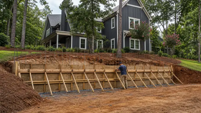 Retaining wall forms and reinforcing steel set before the pour at a charcoal farmhouse-modern home in Alpharetta, GA, after a rain shower.