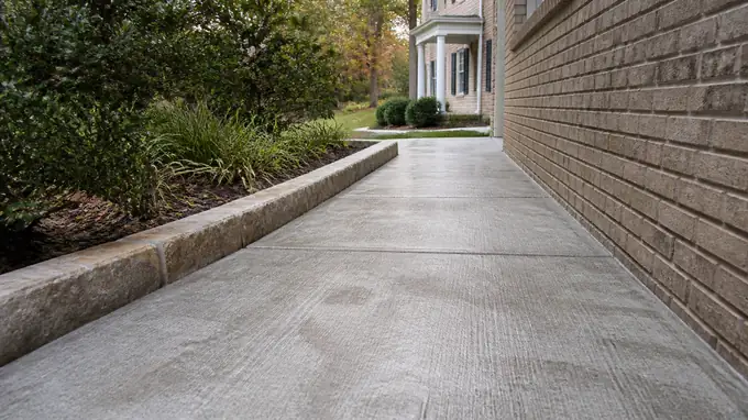 concrete sidewalk installation completed by a local contractor at a tan-brick colonial in Alpharetta, GA, under bright midday cloud.