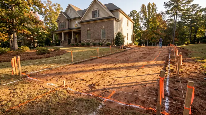 String lines and grade stakes laid out across a yard before a pour at a brick-and-siding two-story home in Alpharetta, GA, in late afternoon light.