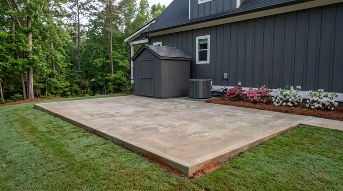 Square-edged concrete slab pad with a storage shed on it at a charcoal farmhouse-modern home in Alpharetta, GA, in early morning light.