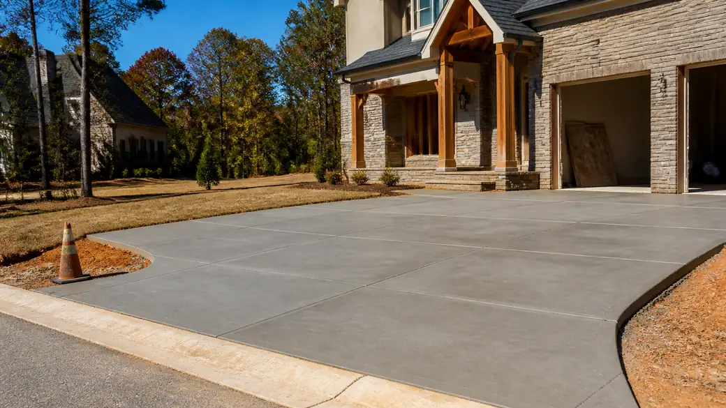concrete slab installation completed by a local contractor at a stacked-stone and stucco home in Alpharetta, GA, in clear late-morning sun.