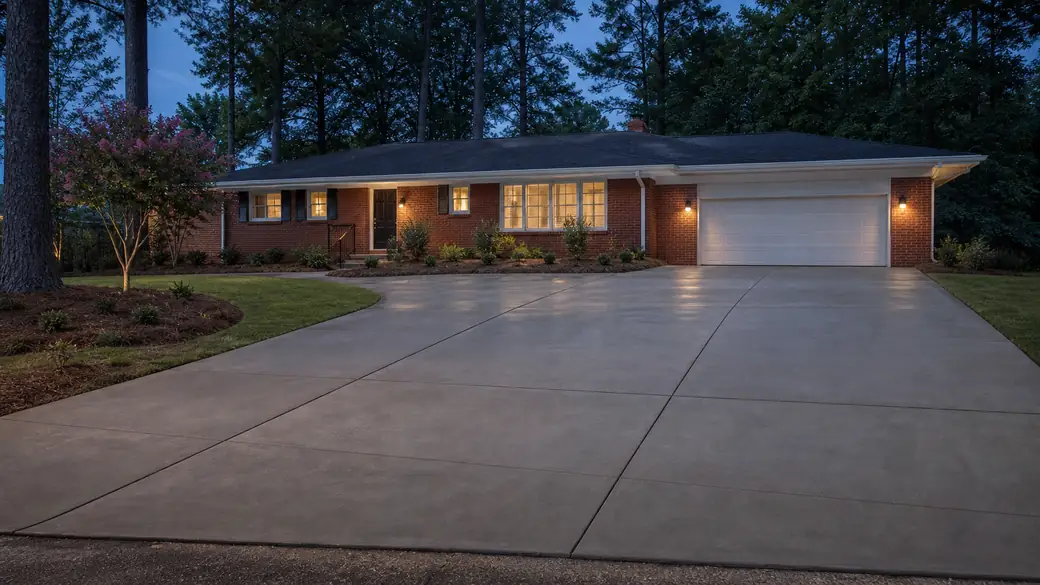 concrete slab repair completed by a local contractor at a red-brick ranch home in Alpharetta, GA, at blue hour.