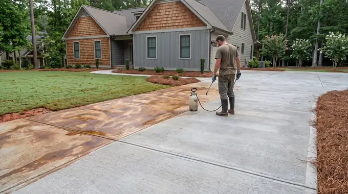 Acid stain being sprayed onto a concrete surface, half-applied at a grey split-level home in Alpharetta, GA, in early morning light.