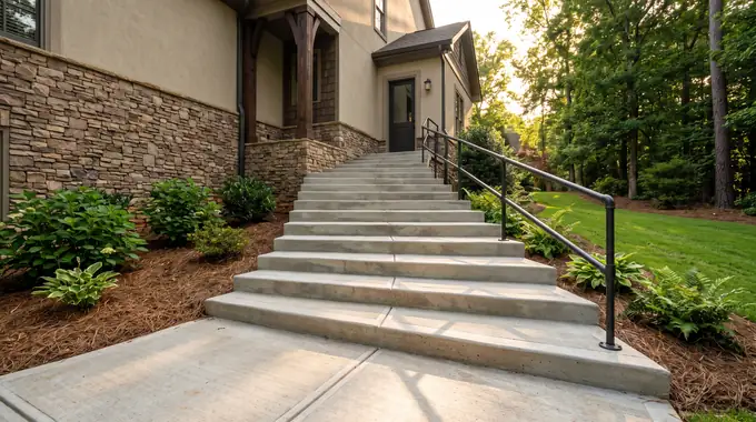 Concrete exterior stairs with a pipe handrail leading to a side entry at a stacked-stone and stucco home in Alpharetta, GA, in late afternoon light.
