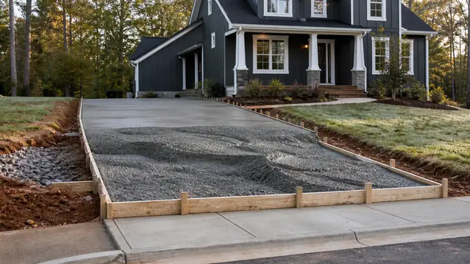 A ready-mix truck discharges concrete into a driveway form. at a charcoal farmhouse-modern home in Alpharetta, GA, in early morning light.
