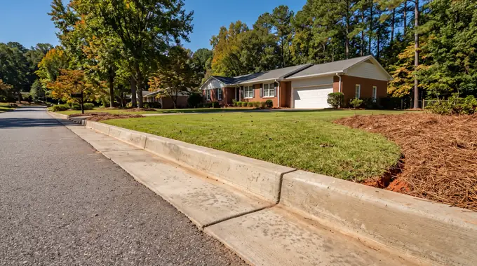 Concrete curb and gutter along a residential street at a red-brick ranch home in Alpharetta, GA, in clear late-morning sun.
