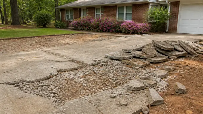 An old patio slab is broken up and hauled away. at a red-brick ranch home in Alpharetta, GA, under bright midday cloud.