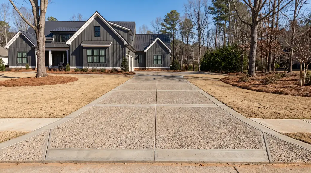 Exposed aggregate concrete driveway showing washed river-rock stone at a charcoal farmhouse-modern home in Alpharetta, GA, in clear late-morning sun.