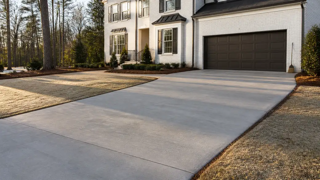 A finished concrete driveway sweeping from the street to the garage, clean-edged and evenly toned in the sun. at a grey split-level home in Alpharetta, GA.