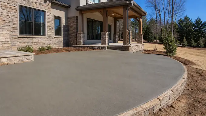 A hand trowel smooths a small patio surface to a hard finish. at a stacked-stone and stucco home in Alpharetta, GA, in clear late-morning sun.