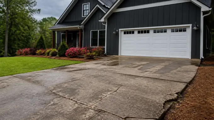 A worker examines an old driveway before replacement. at a charcoal farmhouse-modern home in Alpharetta, GA, after a rain shower.